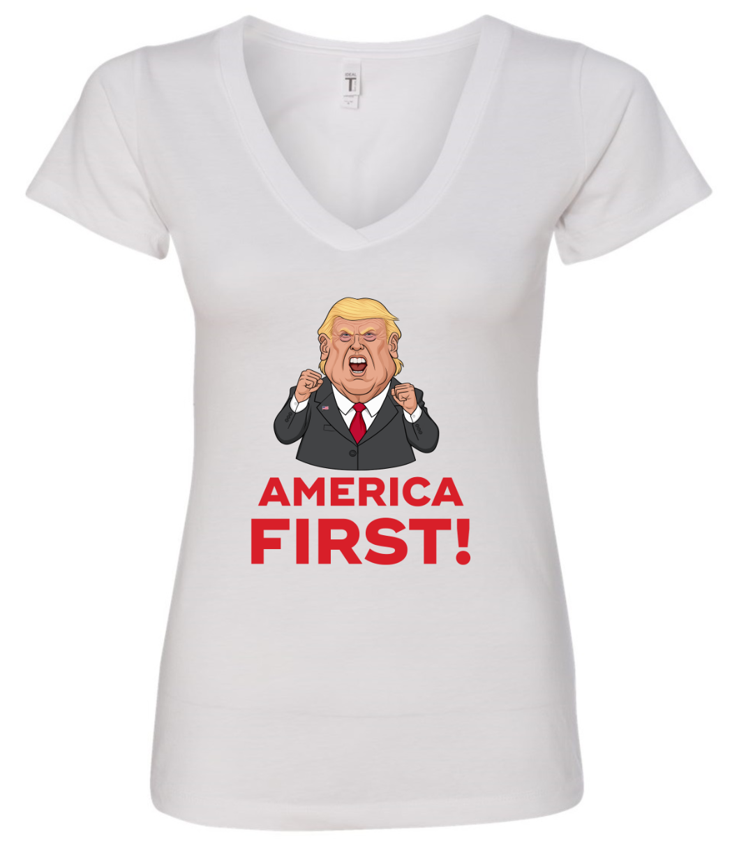 America first donald trump face very mad white vneck tshirt