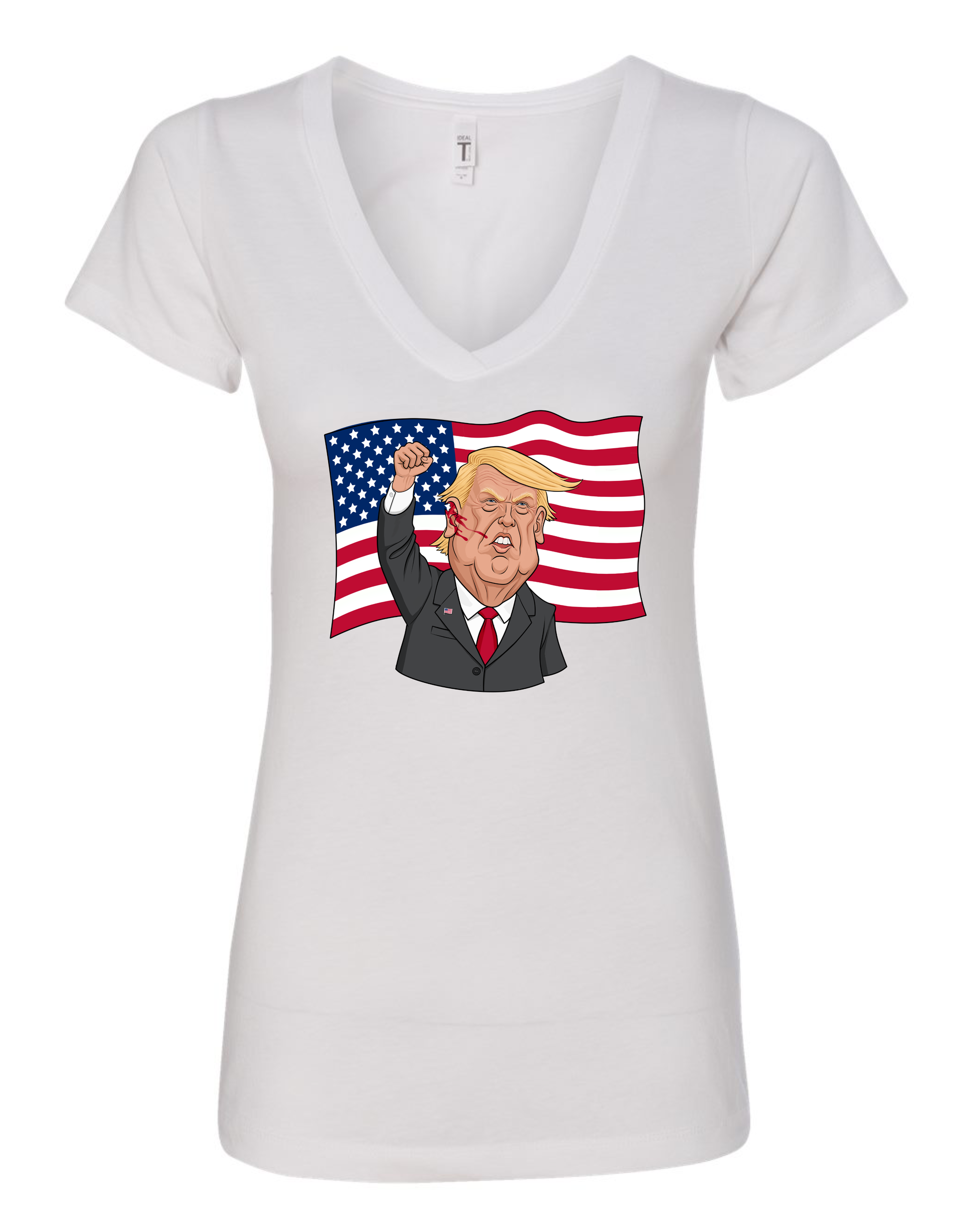 Donald Trump shot meme cartoon white vneck tshirt