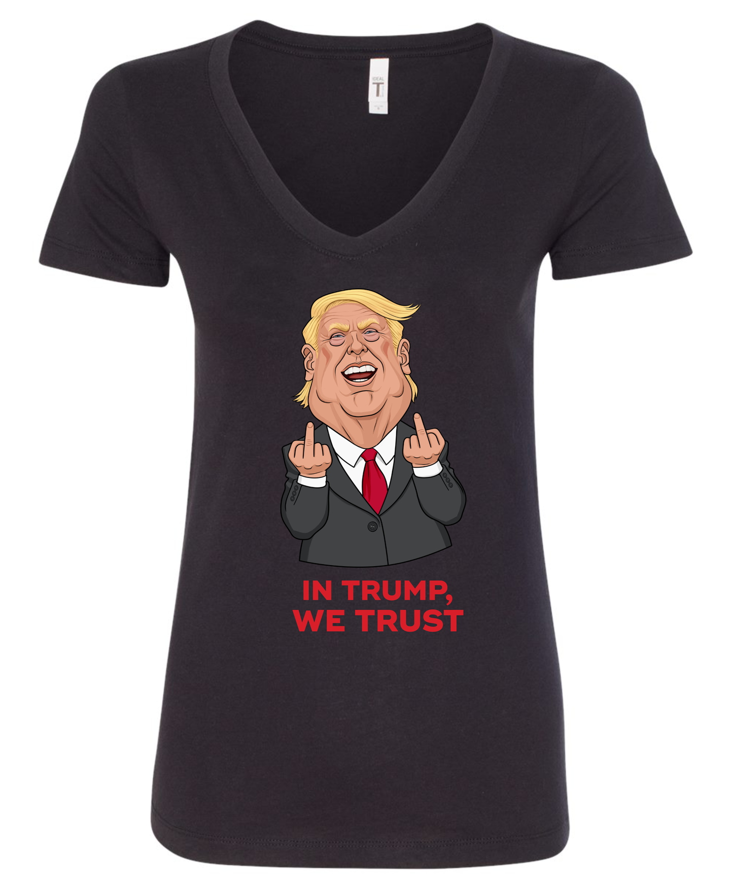 In trump, we trust trump middle fingers meme cartoon black vneck tshirt tee