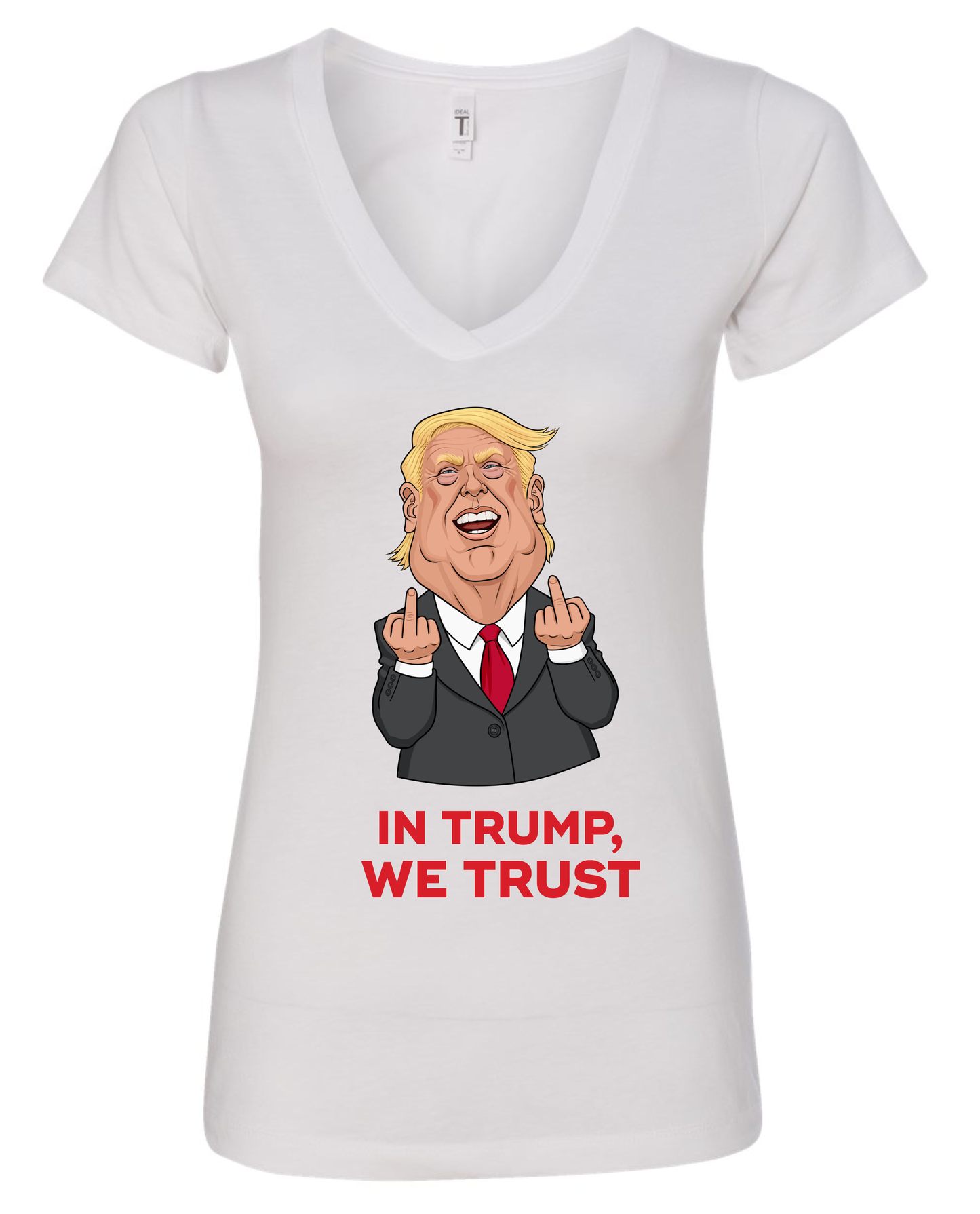 In trump, we trust donald trump middle fingers meme cartoon white vneck tshirt tee