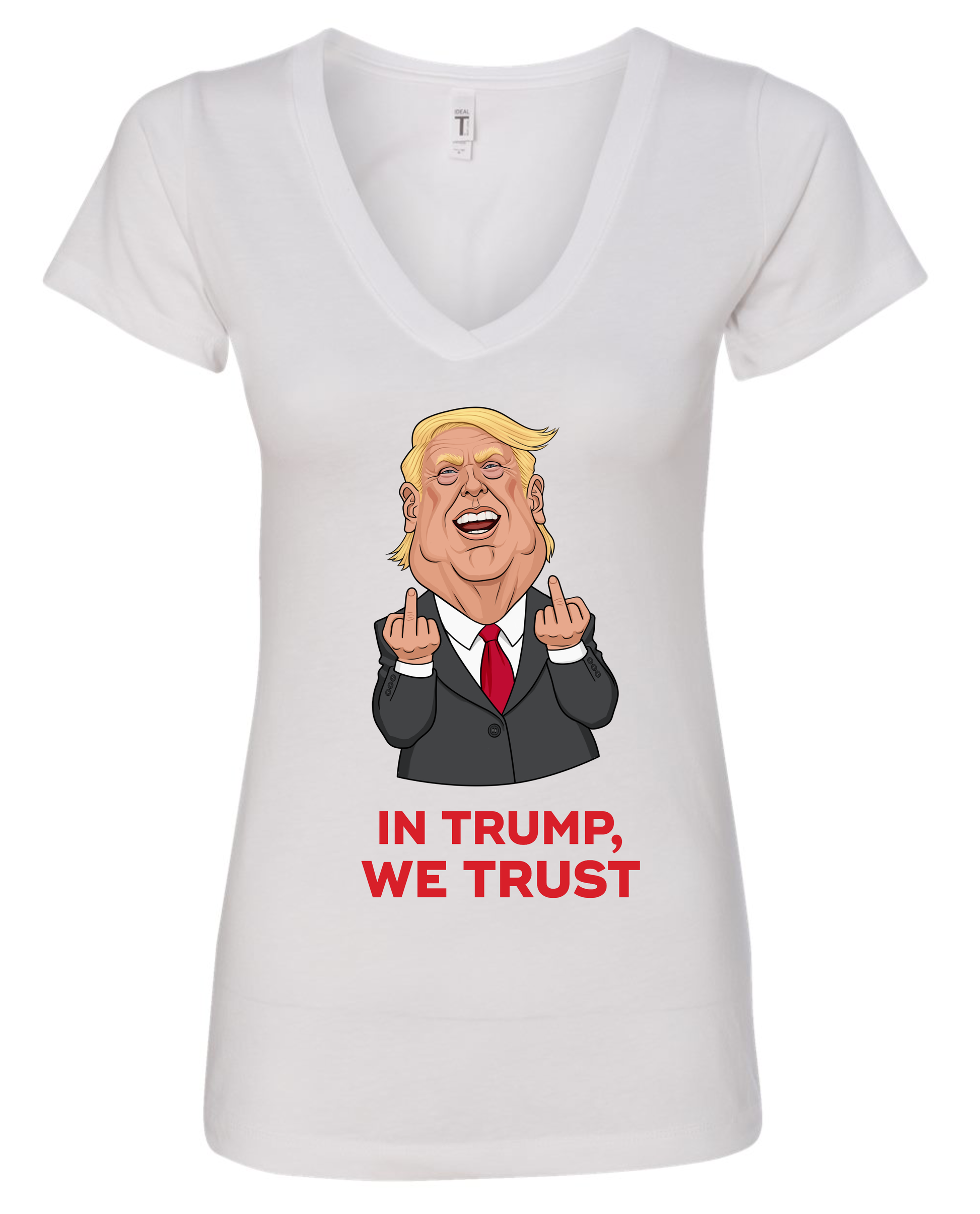 In trump, we trust donald trump middle fingers meme cartoon white vneck tshirt tee