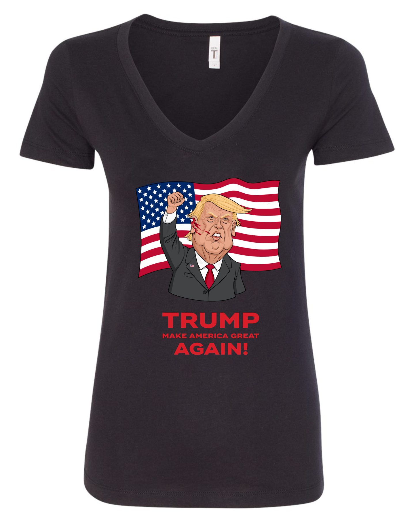 Trump make america great again maga trump shot cartoon meme black vneck tshirt tee