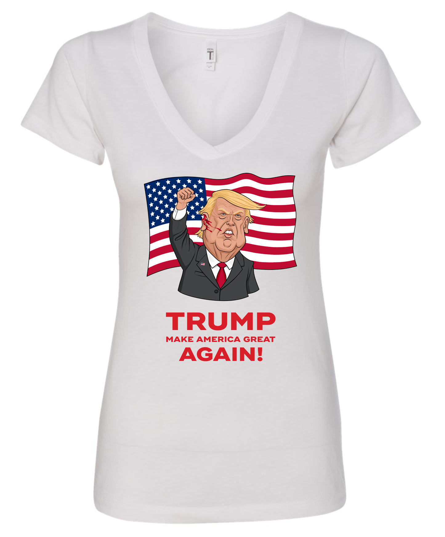 Trump make america great again maga trump shot cartoon meme white vneck tshirt tee