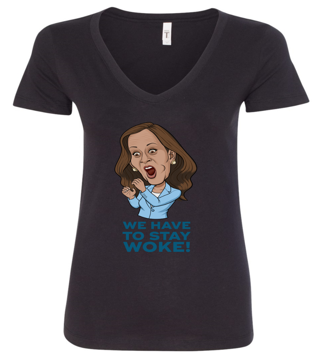 Kamala harris we have to stay woke funny meme cartoon vneck tshirt black