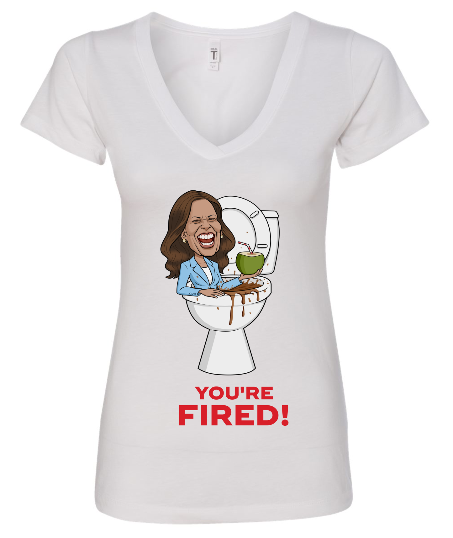 you are fired kamala coconut trees meme funny cartoon white vneck tshirt