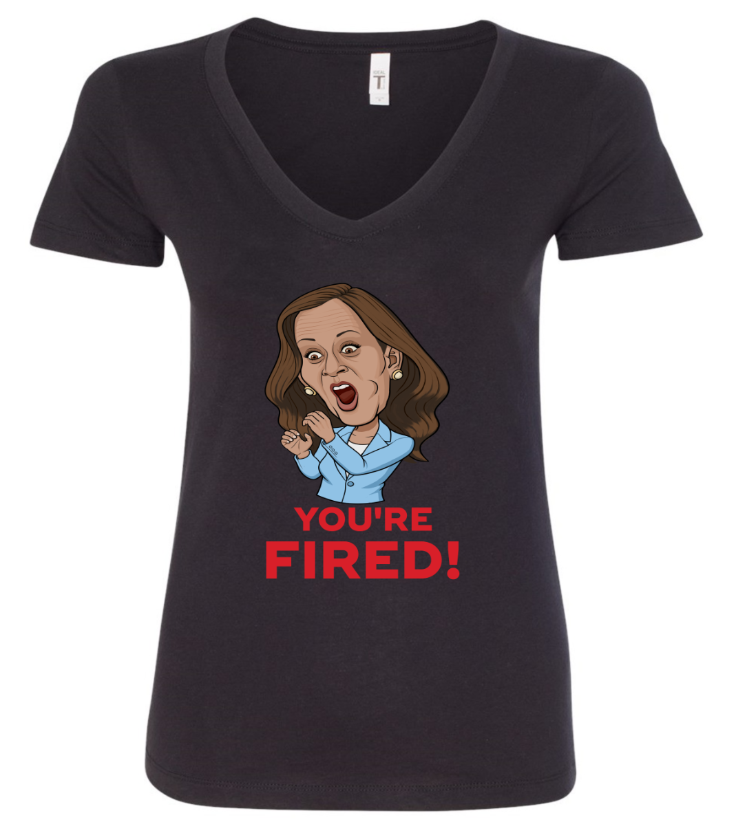 You're fired Kamala Harris funny meme cartoon white vneck tshirt