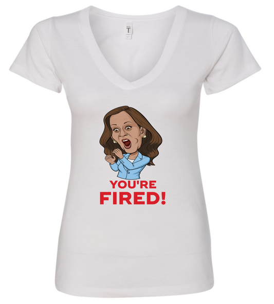 You're fired Kamala Harris funny meme cartoon white vneck tshirt