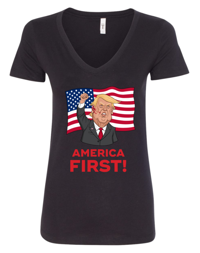 Trump america first shot cartoon vneck black