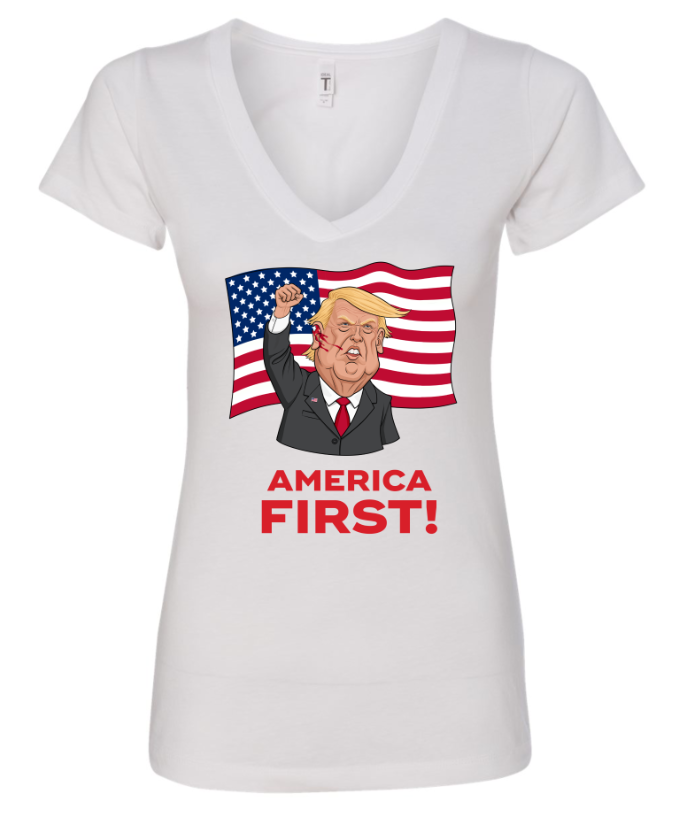 Trump america first shot cartoon white tshirt