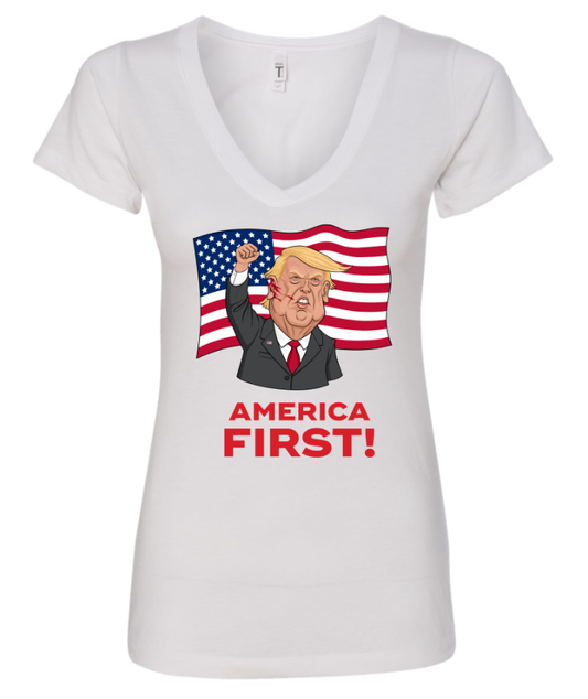 Trump america first shot cartoon white tshirt