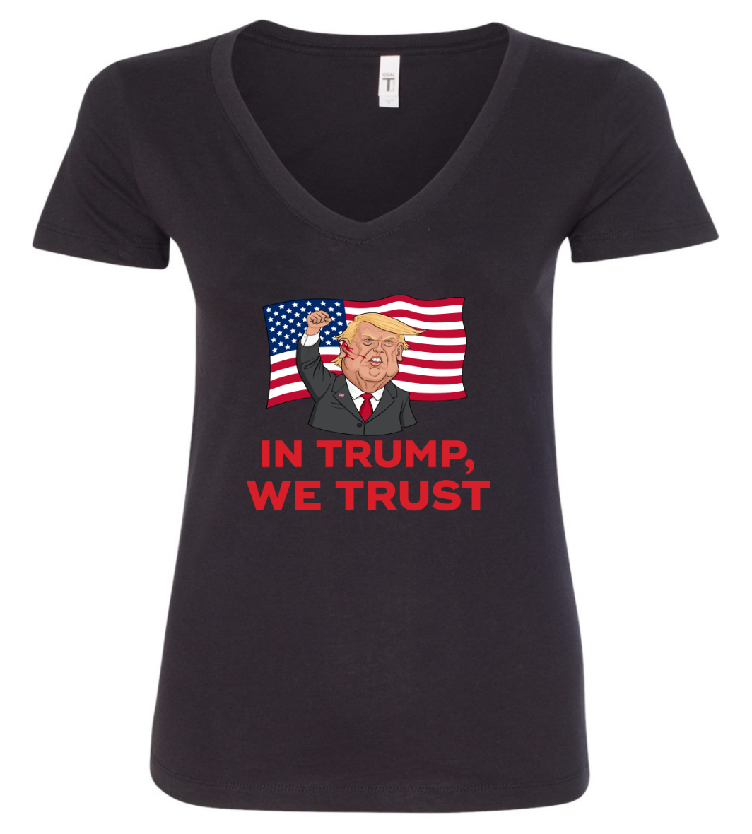 In trump we trust shot trump cartoon vneck black