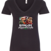 black 420 v-neck featuring two elegant very old women with elegant hats, smoking marijuana and it says high standards