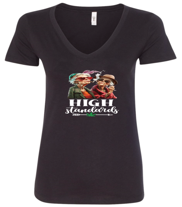 black 420 v-neck featuring two elegant very old women with elegant hats, smoking marijuana and it says high standards