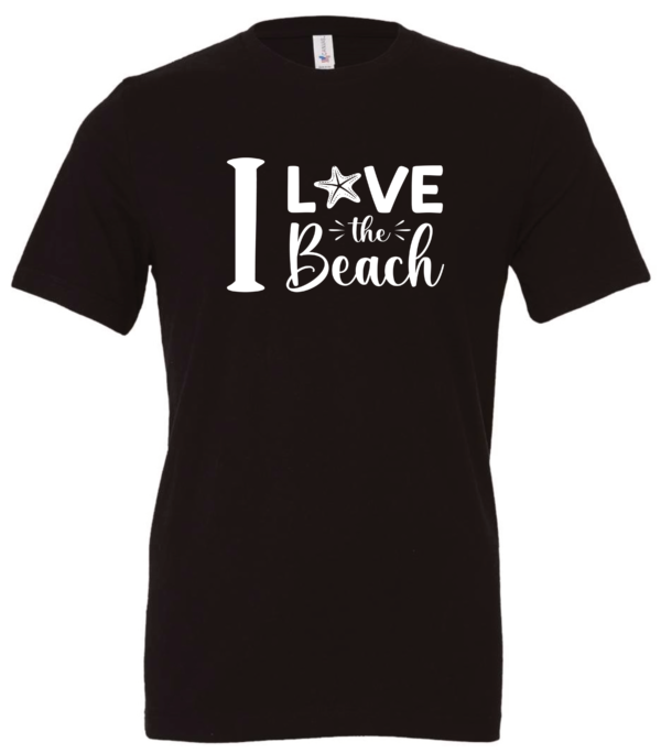 black t-shirt saying i love the beach