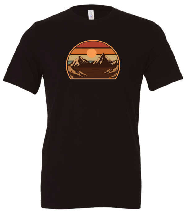 black t-shirt with an image of a sunset between the mountains