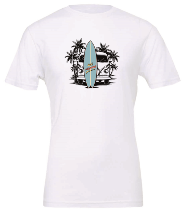 white t-shirt with an old volkswagen VW retro surfer van and a surfing table in front, some palm trees are behind the van