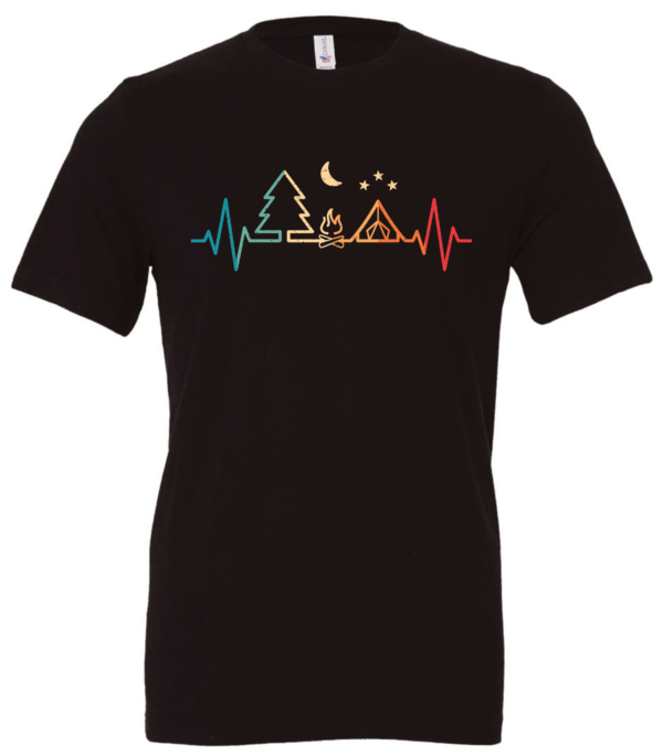 black t-shirt with heartbeat simbol with a pine tree, a fire, a tent and the moon