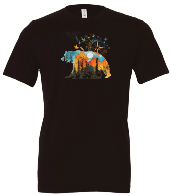 black t-shirt with a bear walking and a compass in th back, the bear has the forest printed on his body