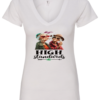 white 420 v-neck featuring two elegant very old women with elegant hats, smoking marijuana and it says high standards