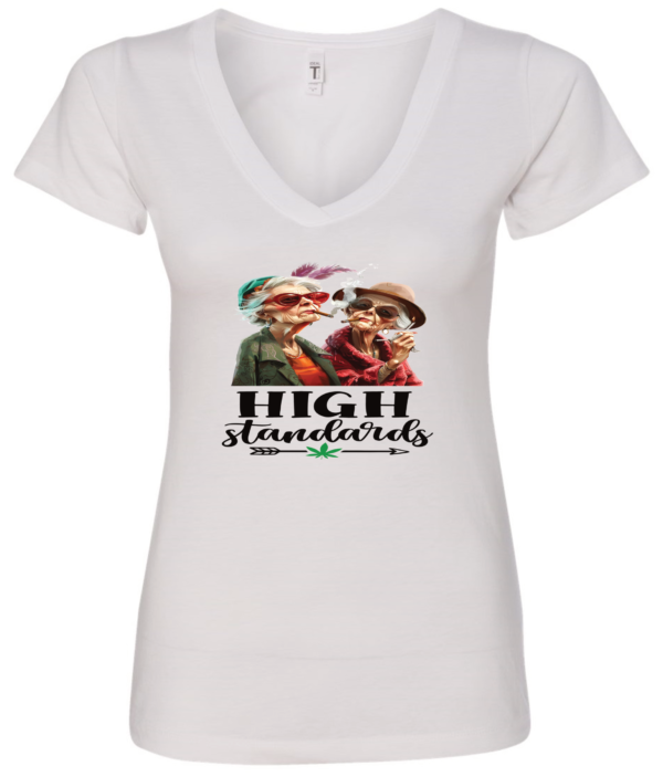 white 420 v-neck featuring two elegant very old women with elegant hats, smoking marijuana and it says high standards