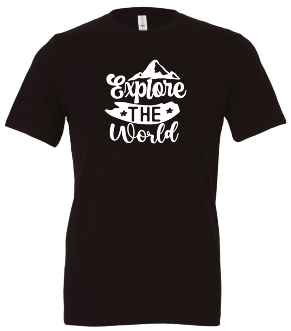 black t-shirt saying explore the world