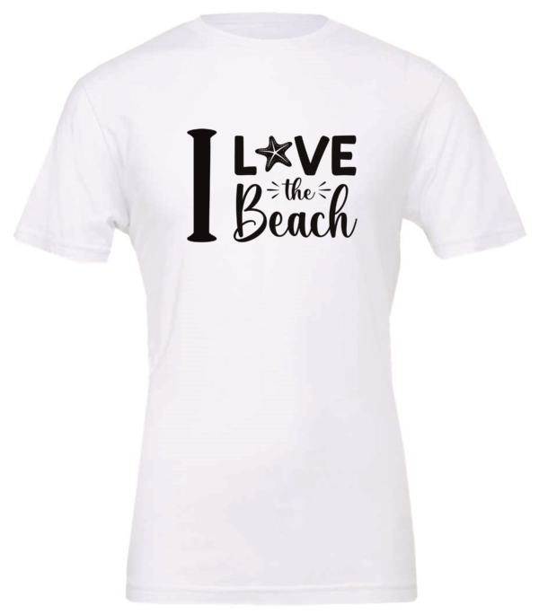 white t-shirt saying i love the beach