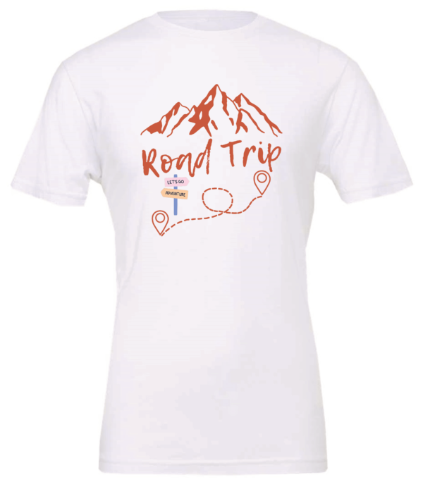 white t-shirt with a mountain in the back saying road trip
