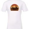 white t-shirt with an image of a sunset between the mountains