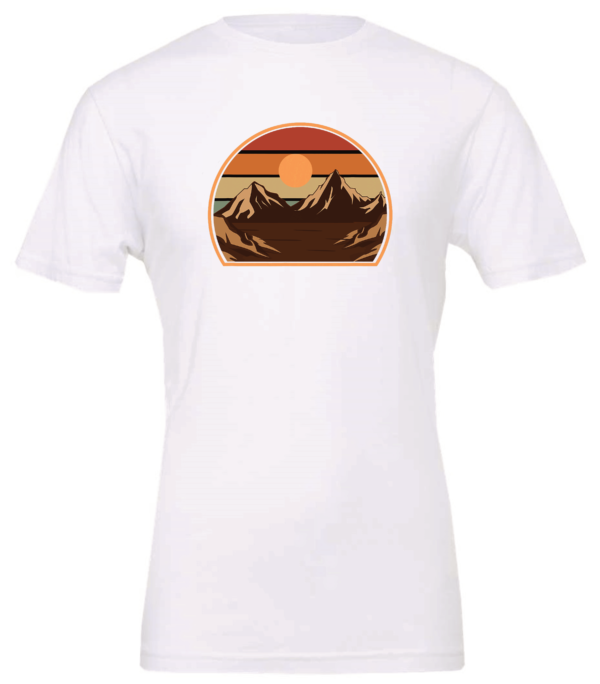 white t-shirt with an image of a sunset between the mountains
