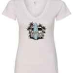 white v-neck t-shirt with an old volkswagen VW retro surfer van and a surfing table in front, some palm trees are behind the van