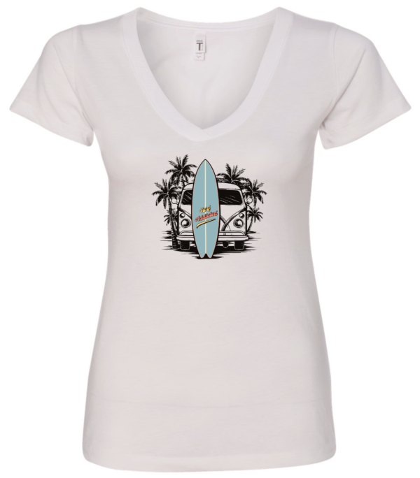 white v-neck t-shirt with an old volkswagen VW retro surfer van and a surfing table in front, some palm trees are behind the van