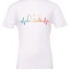 white t-shirt with heartbeat simbol with a pine tree, a fire, a tent and the moon