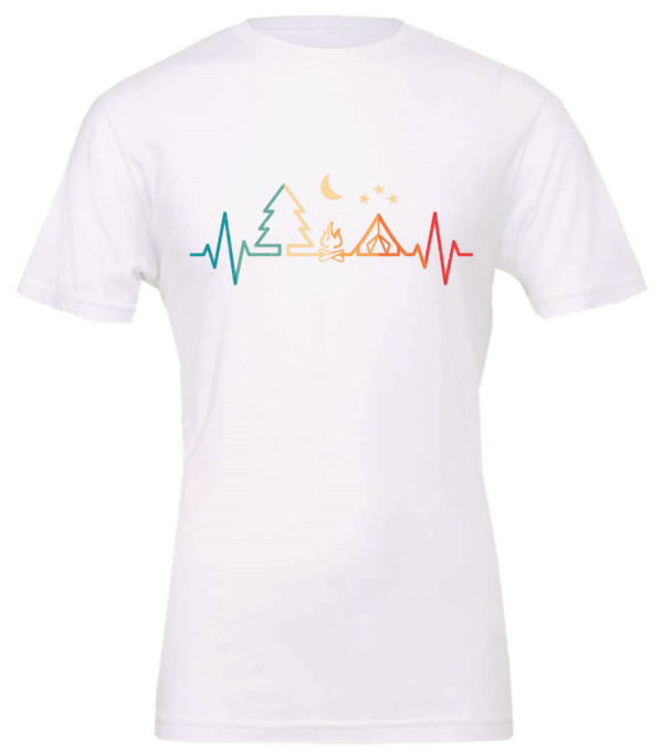white t-shirt with heartbeat simbol with a pine tree, a fire, a tent and the moon