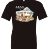 black camper t-shirt featuring a camper in the lake with the mountains as background, and it says let’s wander
