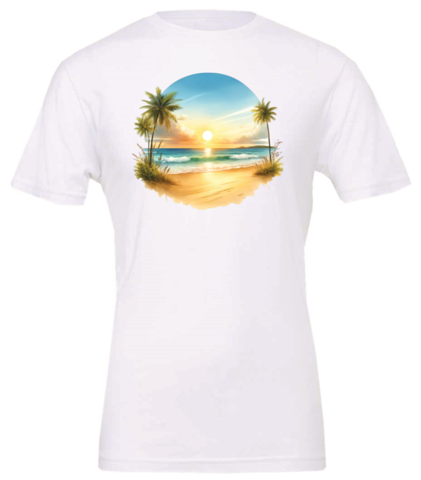 white t-shirt with a beautiful sunrise