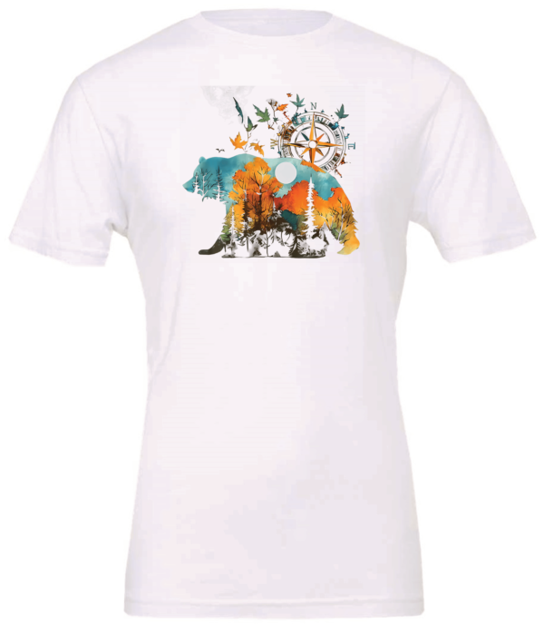 white t-shirt with a bear walking and a compass in th back, the bear has the forest printed on his body