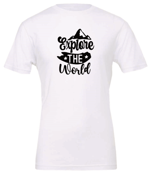 white t-shirt saying explore the world