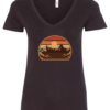 black v-neck t-shirt with an image of a sunset between the mountains