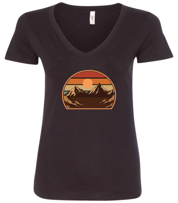 black v-neck t-shirt with an image of a sunset between the mountains