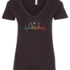 black v-neck t-shirt with heartbeat simbol with a pine tree, a fire, a tent and the moon