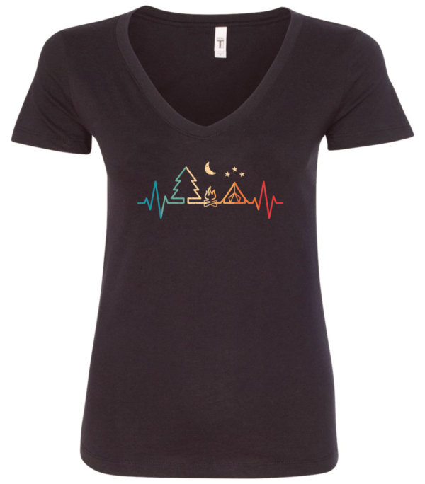 black v-neck t-shirt with heartbeat simbol with a pine tree, a fire, a tent and the moon