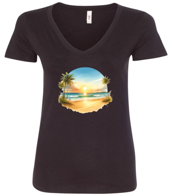 black v-neck t-shirt with a beautiful sunrise