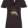 black v-neck t-shirt with a bear walking and a compass in th back, the bear has the forest printed on his body