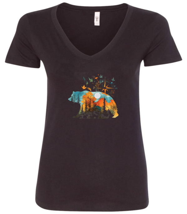 black v-neck t-shirt with a bear walking and a compass in th back, the bear has the forest printed on his body