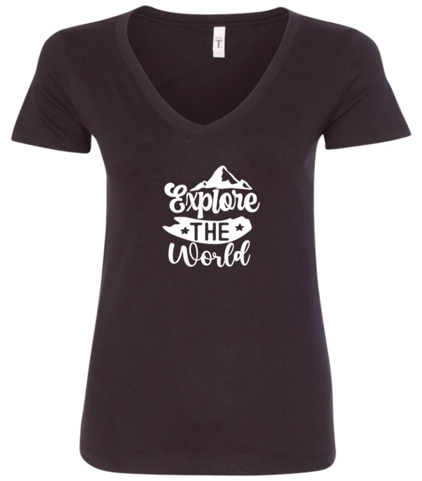 black v-neck t-shirt saying explore the world