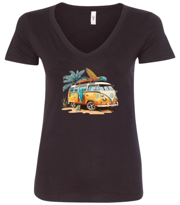 black v-neck t-shirt with an old volkswagen VW retro surfer van