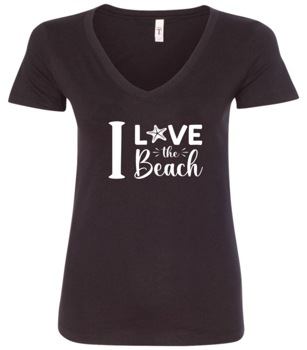 black v-neck t-shirt saying i love the beach
