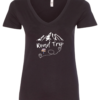black v-neck t-shirt with a mountain in the back saying road trip