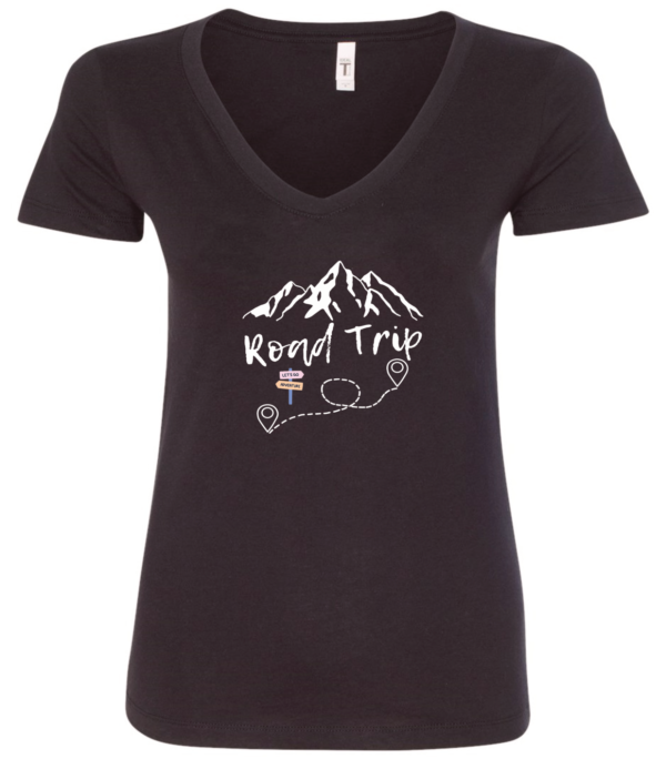 black v-neck t-shirt with a mountain in the back saying road trip