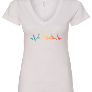 white v-neck t-shirt with heartbeat simbol with a pine tree, a fire, a tent and the moon